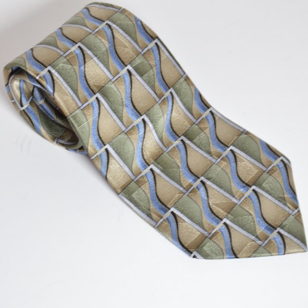 Savile Row 100% Silk Geometric Tan Blue Men's Necktie